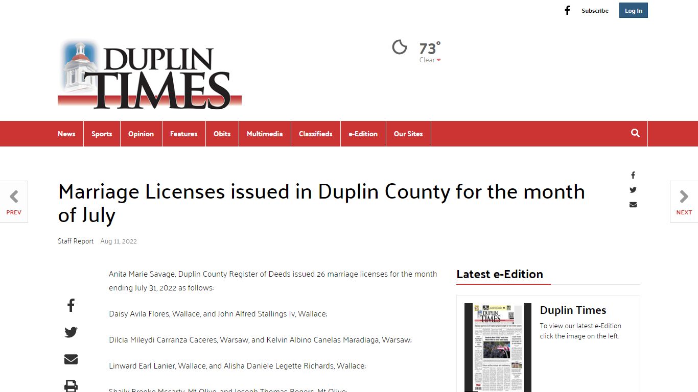 Marriage Licenses issued in Duplin County for the month of July