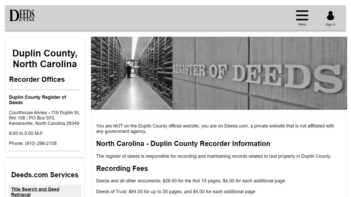 Duplin County Recorder Information North Carolina - Deeds.com